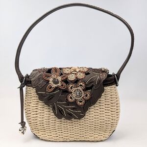 Brighton Purse Woven Faux Leather Front Flap 3D Floral Applique Cassia Natural